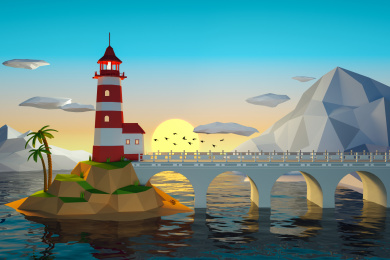 夕阳下海边岛上的灯塔3D低多边模型