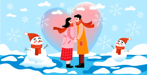 情侣站在雪地里开心对望亲吻爱心版横版海报