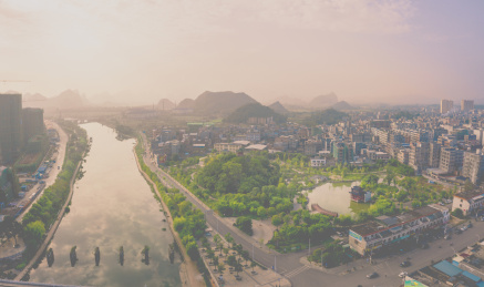 航拍中国广西贺州富江河畔钟山公园