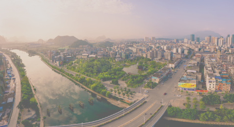 航拍中国广西贺州富江河畔钟山公园