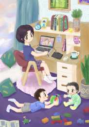 两个宝贝陪妈妈一起画画