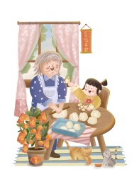 春节新年奶奶和女孩做煎堆