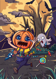 万圣节小妖怪追着头戴南瓜的小孩要糖果