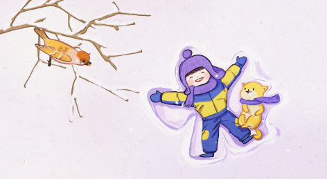 小寒节气在雪地玩耍的小男孩和一只柴犬