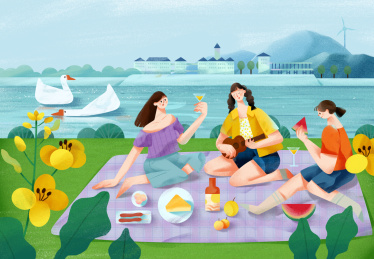 女孩在湖边野餐