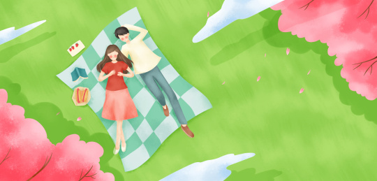 春季情侣躺在樱花树下野营郊游插画