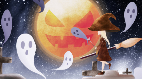 万圣节午夜行走在墓地的女巫