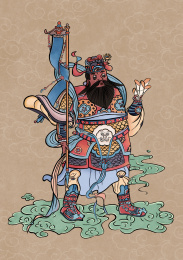 手里拿着幡和文书脚踩祥云的中国风传统门神