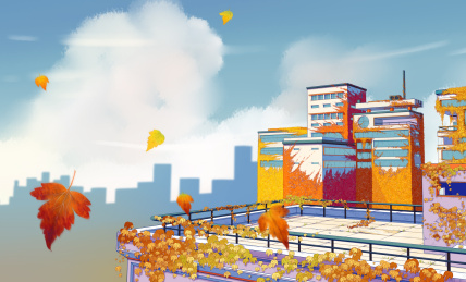 秋天校园爬山虎插画