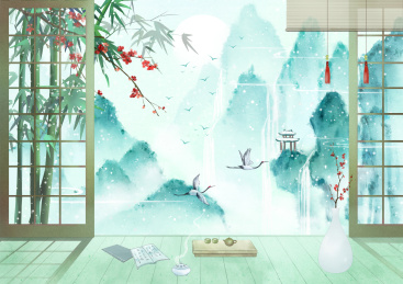 手绘国风意境山水风景插画