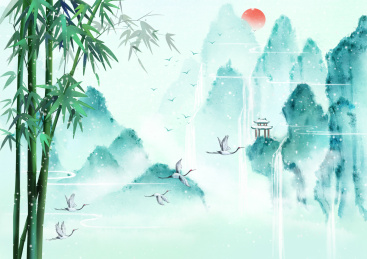 手绘国风意境山水风景插画