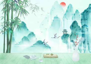 手绘国风意境山水风景插画