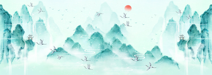 手绘国风意境山水风景插画