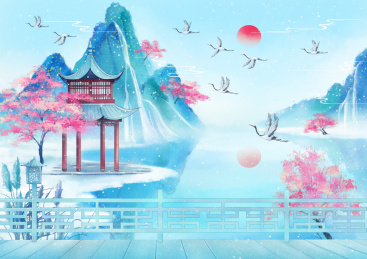 手绘冬至节气国风山水风景插画