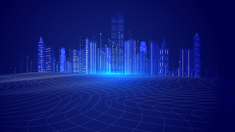 线条地形与现代建筑构成现代感科技背景。