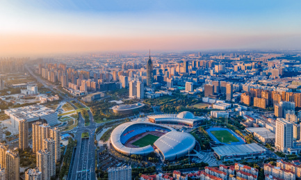 航拍秋天的中国江苏常州文化广场、传媒大厦、奥体