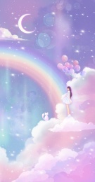 彩虹月亮和云朵上的女孩 唯美