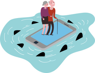 数字时代与老人金融诈骗概念插画