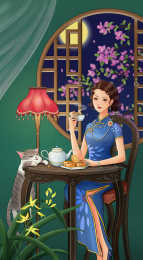 旗袍民国小资馅饼饮茶中秋赏月