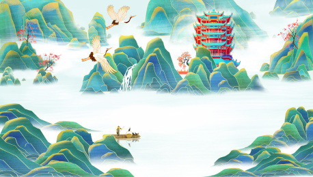 国潮风黄鹤楼建筑山水插画