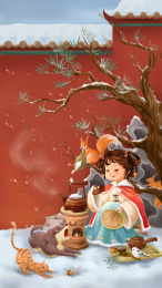 大雪节气女孩烹雪煮茶