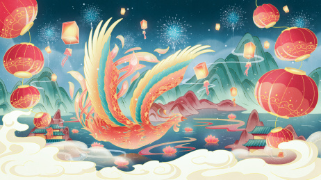 中国风新年景星凤凰插画