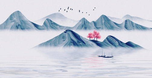 蓝色新中式山水画