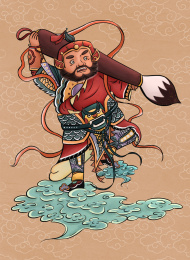 手持毛笔脚踏祥云的红衣门神张飞