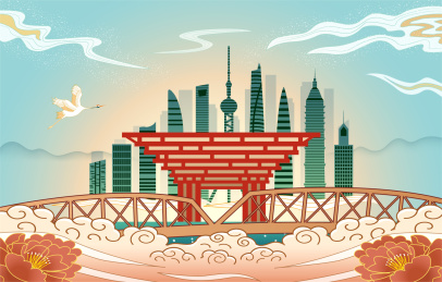中国上海市城市国风海报插画