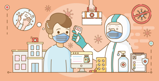 医护人员给男生量体温核酸检测插画