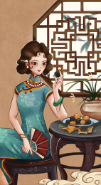 坐在窗边手拿芝麻丸的穿旗袍拿折扇的女子