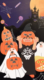 小男孩和狗狗穿万圣节服装要糖果，人物插画