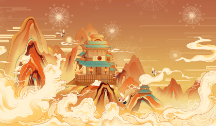 中国风格山水建筑插画 横版