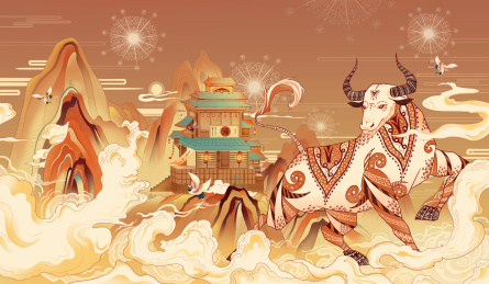 牛年中国风国潮山水插画