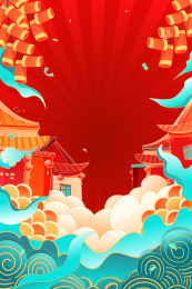 喜庆中国风古建筑背景矢量插画