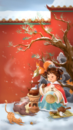 大雪节气女孩烹雪煮茶