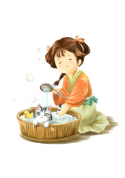 国风侍女给猫洗澡