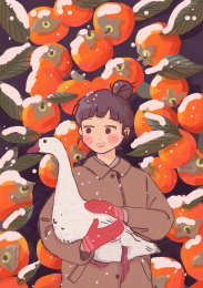 雪中抱着鹅的女孩