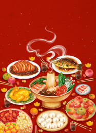 除夕团圆饭年货果盘插画海报