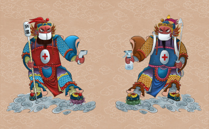 测体温和喷酒精的战疫门神