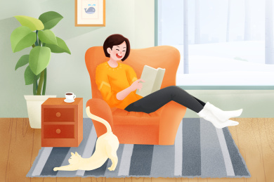 冬季女孩宅家读书还有猫咪插画