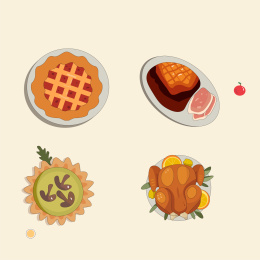 插画感恩节食物 元素 大餐 火鸡披萨牛排