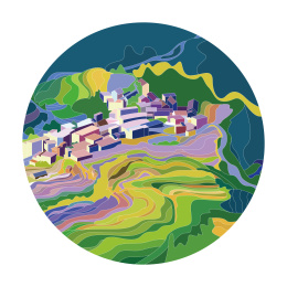 带梯田、村庄、山水扁平风景小清新矢量插画