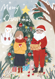 圣诞树前圣诞老人送礼物