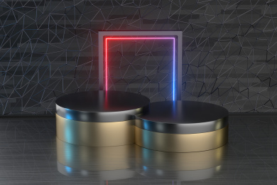 金属展示台与霓虹线条 3D渲染