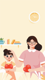 温馨的母亲和女儿竖版插画