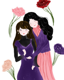 妈妈搂抱着女儿，剪纸拼贴风手绘插画