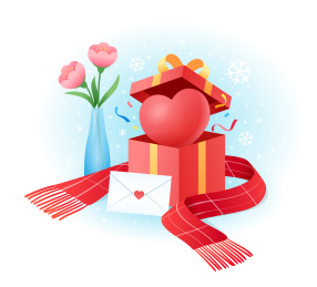 打开的礼盒和爱心围巾花瓶等