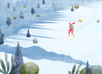 女孩跟柯基犬在雪地上滑雪