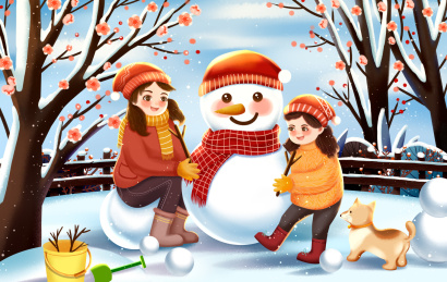 冬天大雪冬至小寒姐妹堆雪人插画